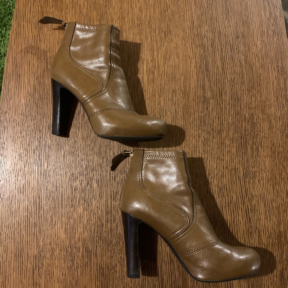 Franco sarto, camel colored, heeled booties